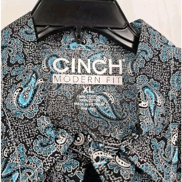 Cinch Modern Fit Black Pearl Snap Turquoise Paisley Print Mens Size XL Western - Picture 4 of 7